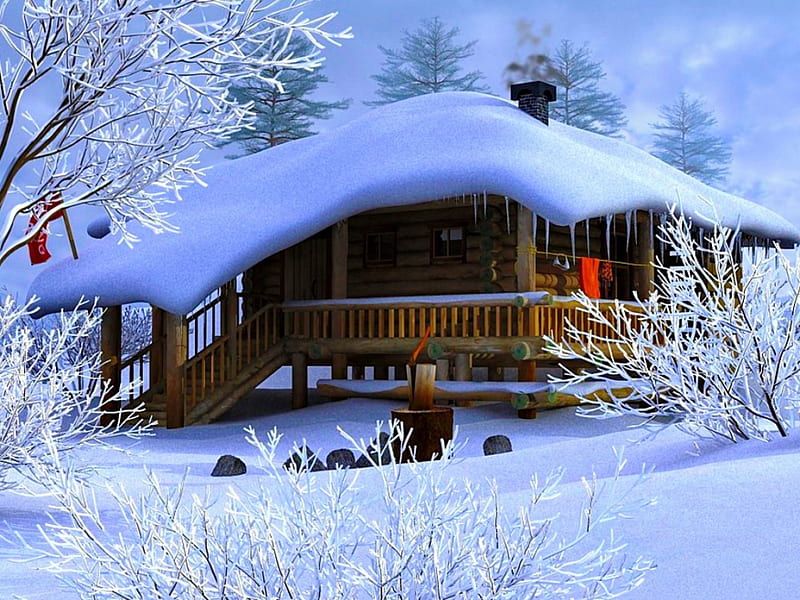 Winter Cabin, birs, snow, painting, trees, artwork, HD wallpaper
