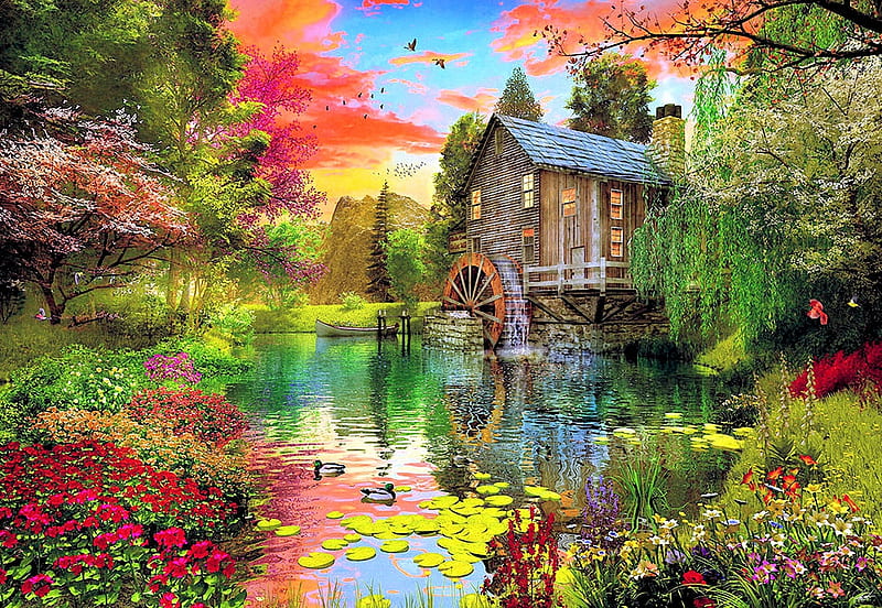 Sunset at the Mill, watermill, ducks, flowers, river, clouds, sky, trees, artwork, pond, painting, HD wallpaper