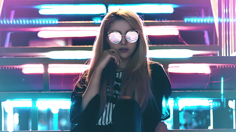 Girl Sunglasses Neon Lights, girls, neon, graphy, HD wallpaper
