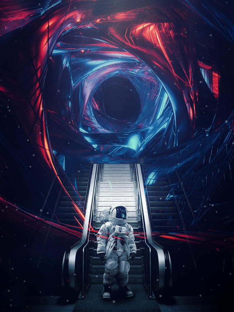 Astronaut Escalator, adventure, black hole, cosmonaut, exploration, nasa, space, strange, surreal, HD phone wallpaper