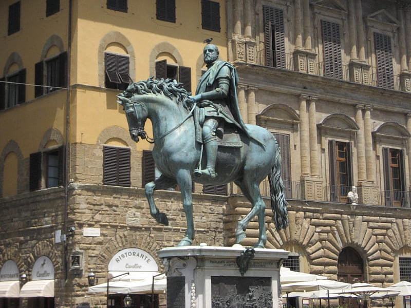 Cosimo Medici Statue in Florence Italy, house, graphy, green, statue, houses, bronze, italy, HD wallpaper