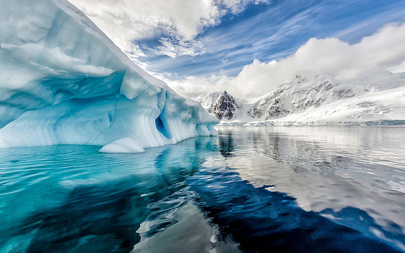Icebergs, Antarctica, ocean, ice, winter, snow, blue sky, HD wallpaper