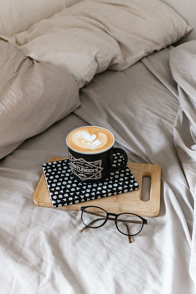cappuccino, cup, glasses, book, bed, HD phone wallpaper