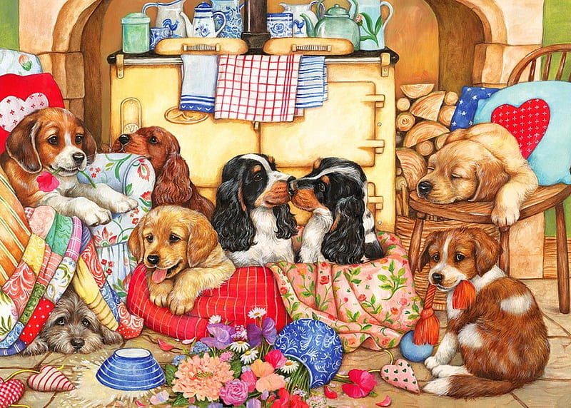 Puppies will be puppies, colorful, house, home, bonito, adorable, sweet, puppies, painting, flowers, mess, room, toys, friends, animals, playing, art, fun, joy, pets, kitchen, cute, dogs, HD wallpaper