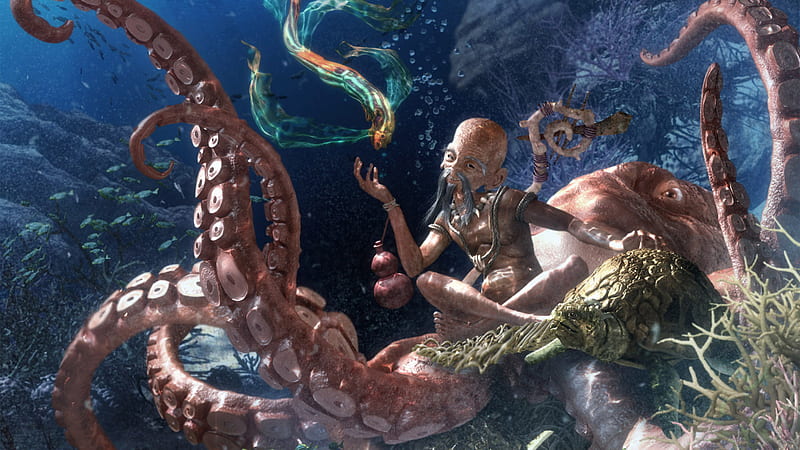 Sea Buddah, octopus, fantasy, sea, HD wallpaper