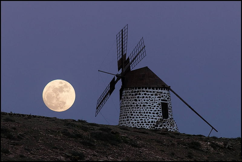 The Windmill's Moon, moon, cool, space, fun, wind mill, HD wallpaper