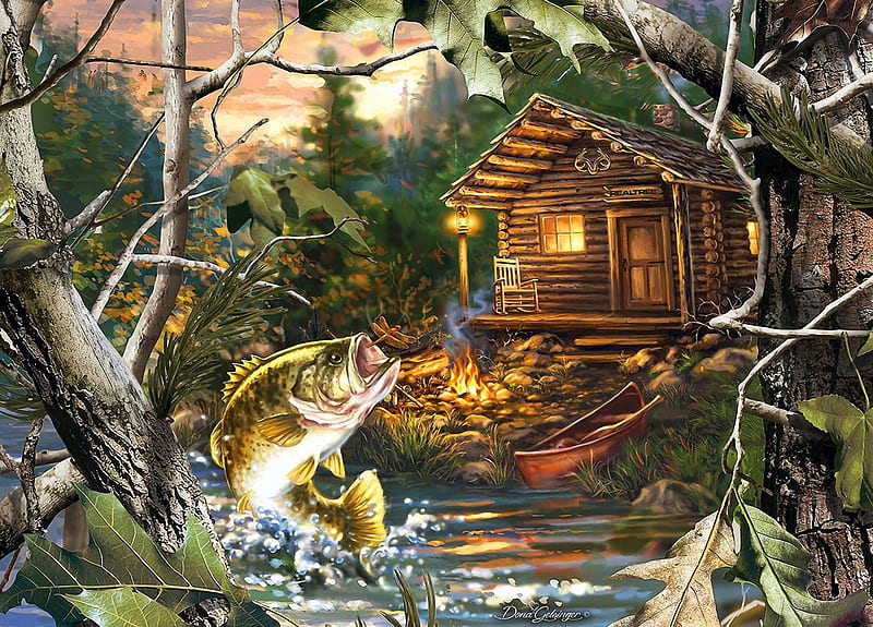 The One That Got Away, fish, mountains, campfire, painting, river, cabin, trees, artwork, HD wallpaper