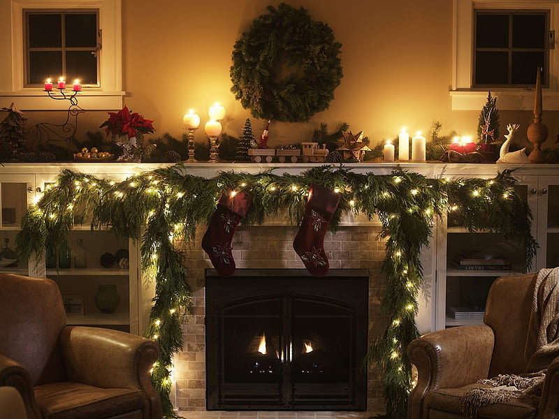 warm and cozy, wreath, christmas, holiday, religious, cheer, trees, happy, lights, spirit, fireplace, santa, presents, season, HD wallpaper