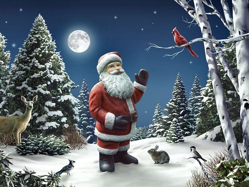 Santa Claus in Snow, rabbit, moon, christmas, painting, birds, trees, artwork, winter, HD wallpaper