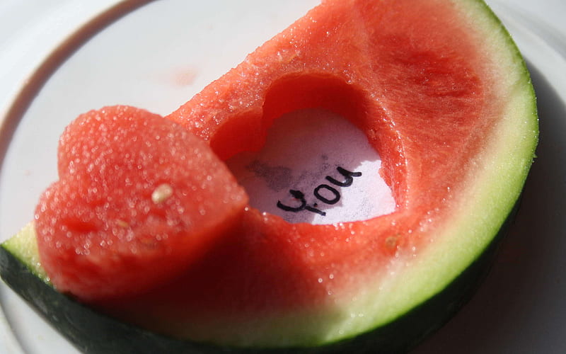 love in watermelon, red, text, food, os, abstract, fruit, love, heart, funny, HD wallpaper