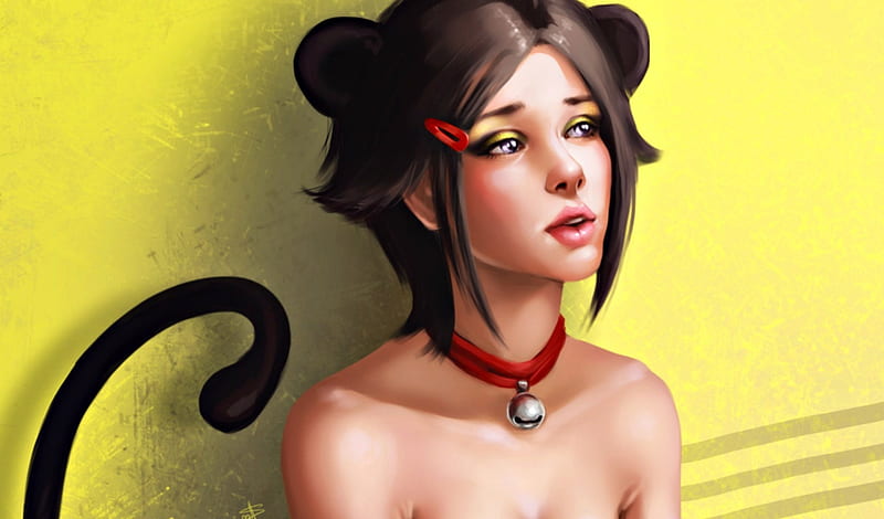 Monkey girl, red, art, tail, yellow, bell, woman, fantasy, ayyasap, HD wallpaper