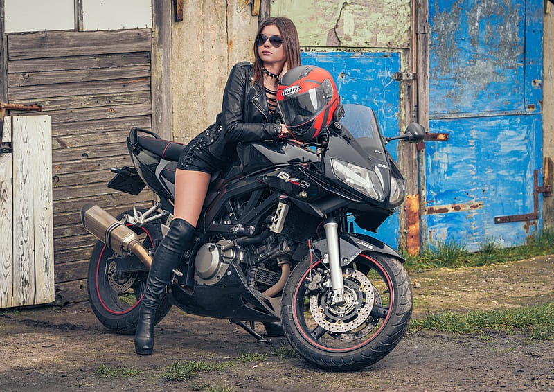 Motorcycles, Girls & Motorcycles, Boots, Brunette, Leather Jacket, Model, Motorcycle, Sunglasses, Suzuki, Suzuki SV650S, Woman, HD wallpaper