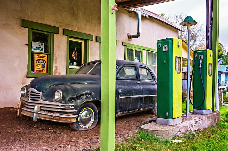 Abandoned posters, car, pumps, station, old, vintage, gas, HD wallpaper