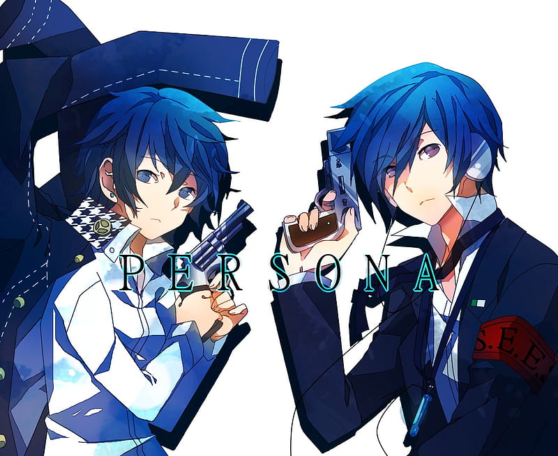 Persona Naoto & Minato, person, gun, blue hair, persona 4, minato arisato, shin megami tensei, persona 3, naoto shirogane, HD wallpaper