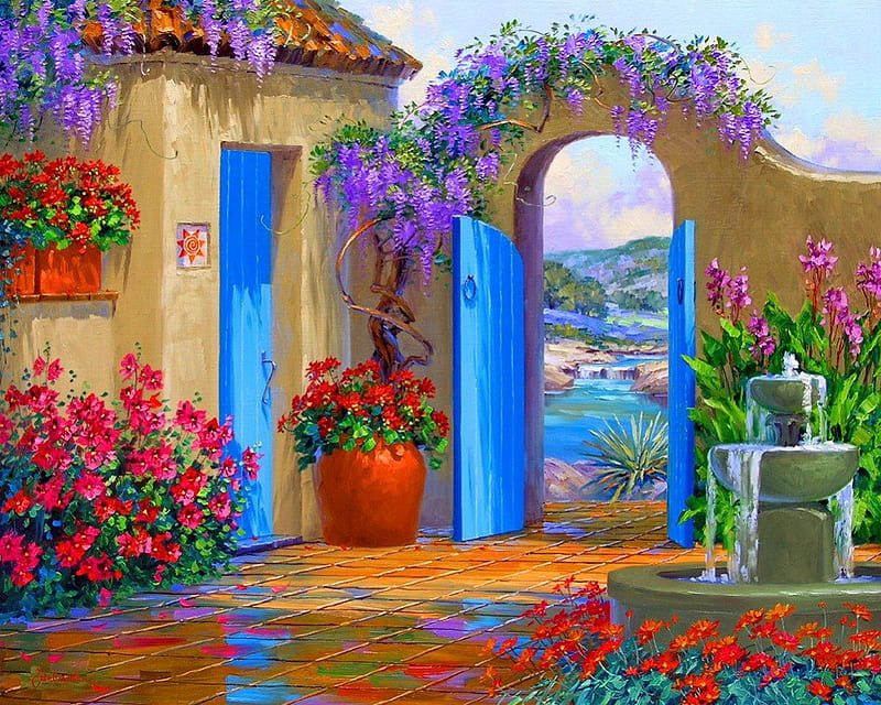 Hill country overlook, pretty, colorful, house, home, bonito, sea, door, countryside, nice, painting, village, flowers, hill, blue, art, lovely, view, country, overlook, lake, freshness, water, vases, arch, summer, nature, HD wallpaper