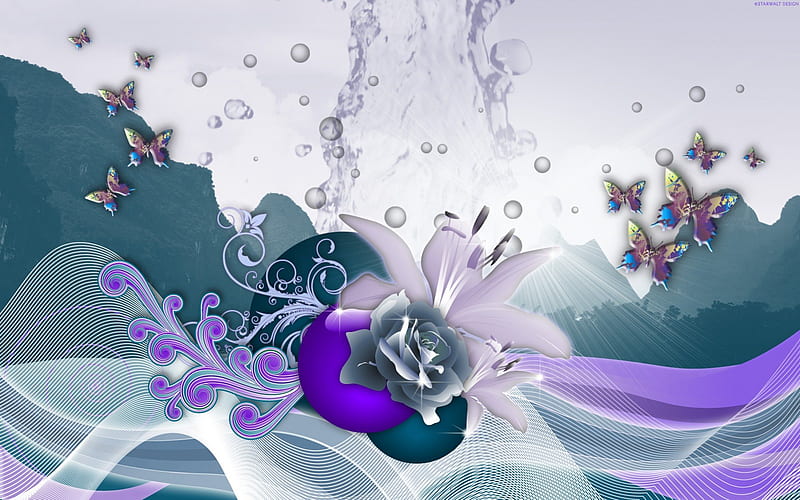 ✼.Delicate Rose n Butterflies.✼, pretty, designs, glow, rose, creations, bonito, digital art, sweet, butterfly, 3D, bright, bubbles, flowers, butterfly designs, blue, lovely, colors, butterflies, delicate, softness, cute, glass, cool, purple, lily, curve, style, HD wallpaper