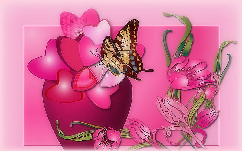 ★Pink Hearts in Vase★, pretty, colorful, vase, bonito, digital art, butterfly, bright, flowers, pink, butterfly designs, animals, lovely, meeting, colors, creative pre-made, corazones, plants, nature, vector, HD wallpaper