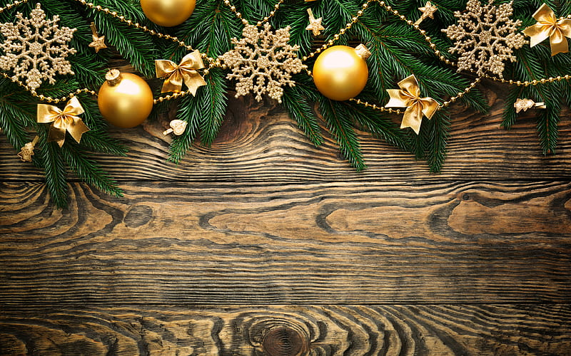 Christmas decorations, Happy New Year, Merry Christmas, wooden background,  golden decorations, HD wallpaper | Peakpx