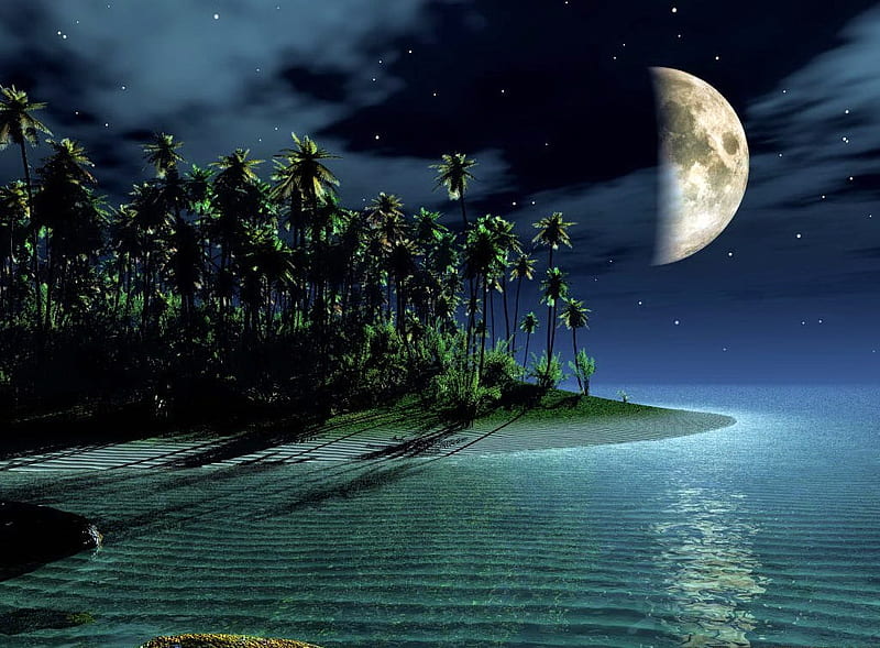 Island moon, stars, ocean, trees, sky, silver, moon, water, green, island, reflection, night, HD wallpaper