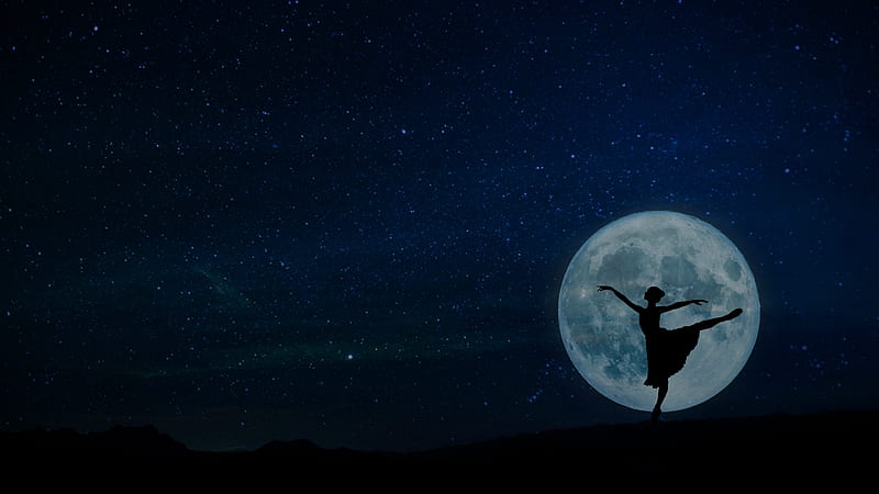 Moonlight ballerina, ballerina, moon, adina voicu, moon, girl, black, silhouette, dancer, HD wallpaper