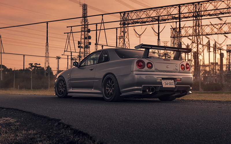Nissan Skyline GT-R, R34, rear view, gray sports coupe, tuning R34 Skyline, Japanese sports cars, Nissan, HD wallpaper