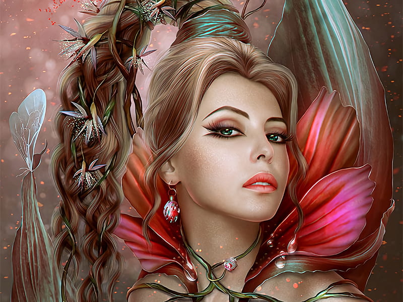 Fantasy Girl, art, colors, dragonfly, face, digital, HD wallpaper