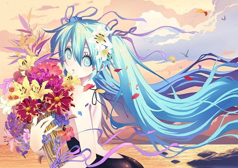 ~lovely miku~, vocaloid, pretty, hair ribbons, dress, cute girl ...