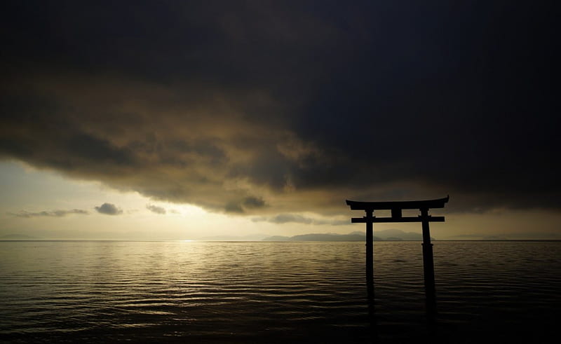 Torii Gate, gate, japan, torii, japanese, ocean, nature, clouds, scenery, HD wallpaper