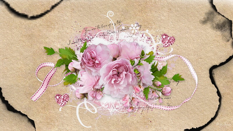 Pink Peonies on Burnt Paper, ribbon, parchment, spring, corazones, peonies, sparkle, Valentines Day, summer, flowers, paper, pink, vintage, HD wallpaper