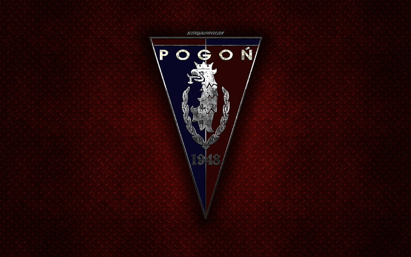 Pogoń Szczecin, Polish football club, burgundy metal texture, metal logo, emblem, Szczecin, Poland, Ekstraklasa, creative art, football, HD wallpaper