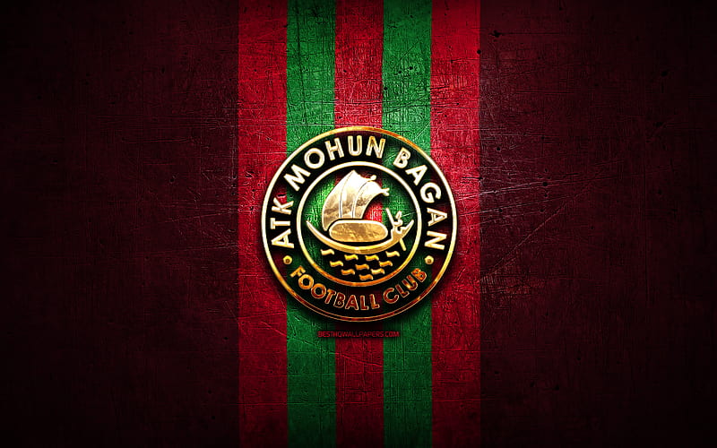 ATK Mohun Bagan FC, golden logo, ISL, purple metal background, football, indian football club, ATK Mohun Bagan FC logo, soccer, India, ATK Mohun Bagan, HD wallpaper