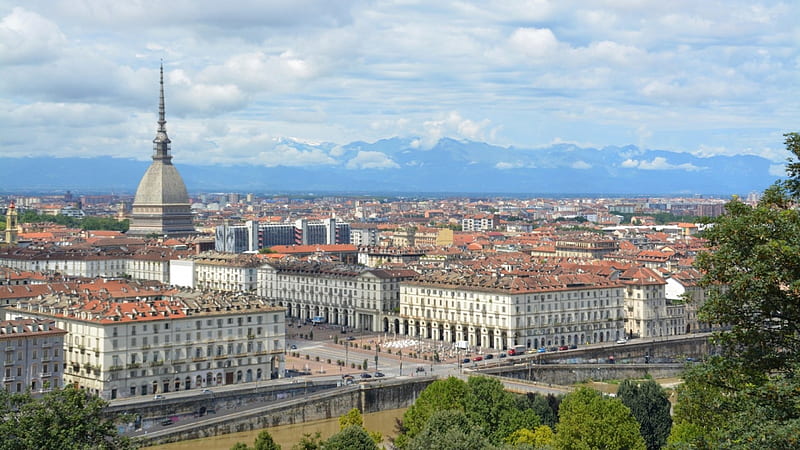 panoramic view of turin italy, city, view, mountains, clouds, panorama, HD wallpaper