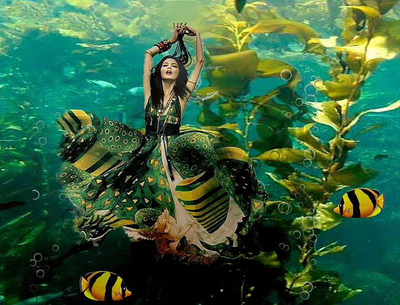Dance of the Sea Nymph, artistic, pretty, stunning, fish, breathtaking, bonito, woman, women, sea, green, bubbles, feminine, seaweed, gorgeous, female, lovely, model, creative, water, girl, sea nymph, HD wallpaper