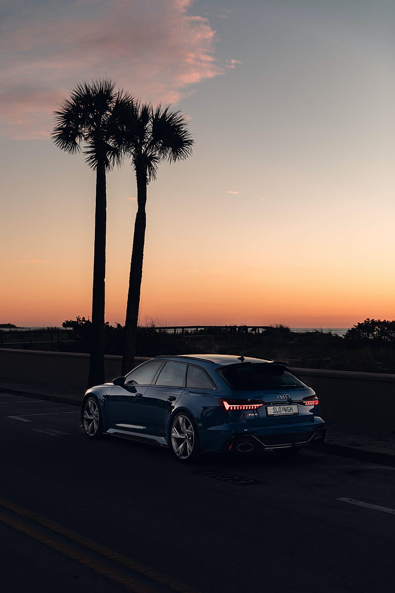audi, car, blue, road, dusk, palm trees, HD phone wallpaper