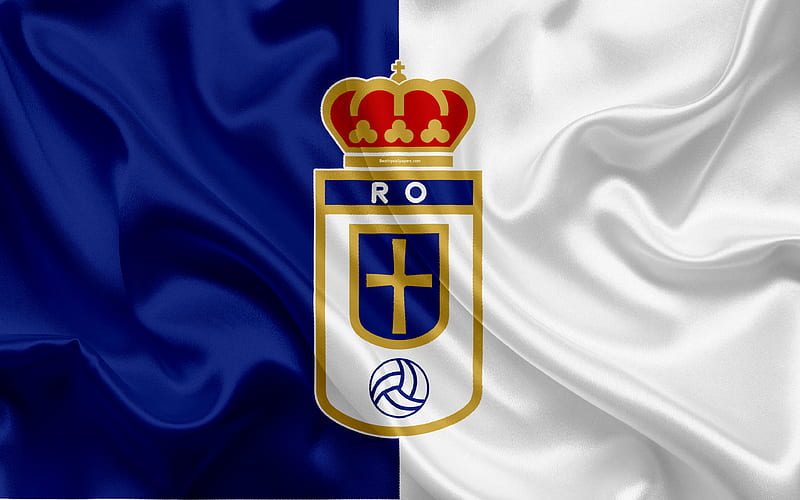 Real Oviedo silk texture, Spanish football club, logo, emblem, blue white flag, Segunda, Division B, LaLiga2, Oviedo, Spain, football, HD wallpaper