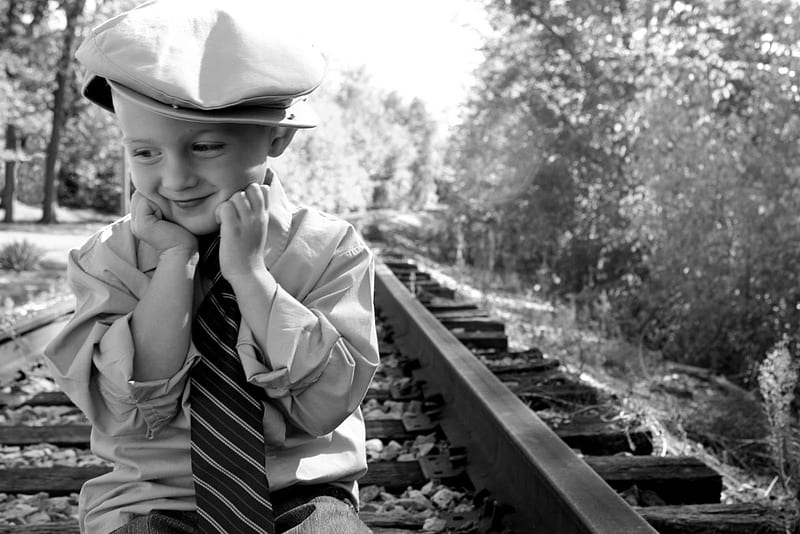 Playful-Smile, innocent, graphy, rail road tracks, tie, child, smiles, hat, HD wallpaper
