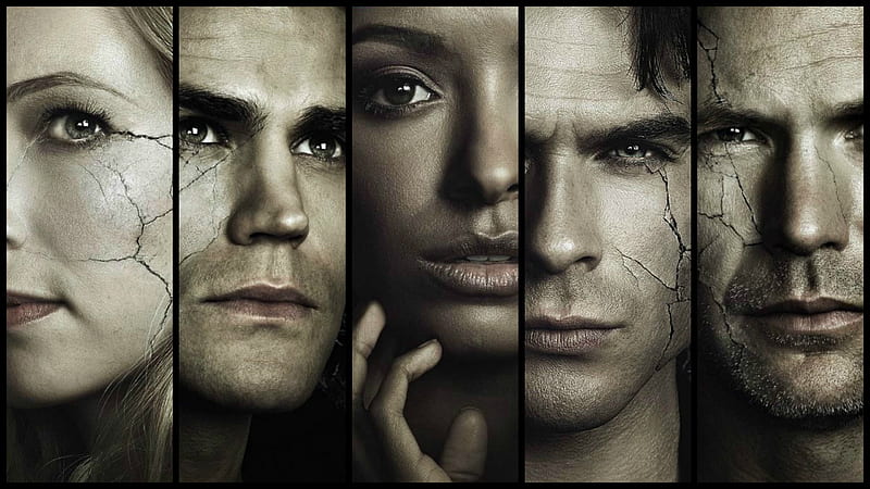The Vampire Diaries (TV Series 2009– ), witch, the vampire diaries, kat graham, Ian Somerhalder, black, by cehenot, collage, damon stefan, caroline, bonnie, Paul Welsey, candice accola, face, HD wallpaper