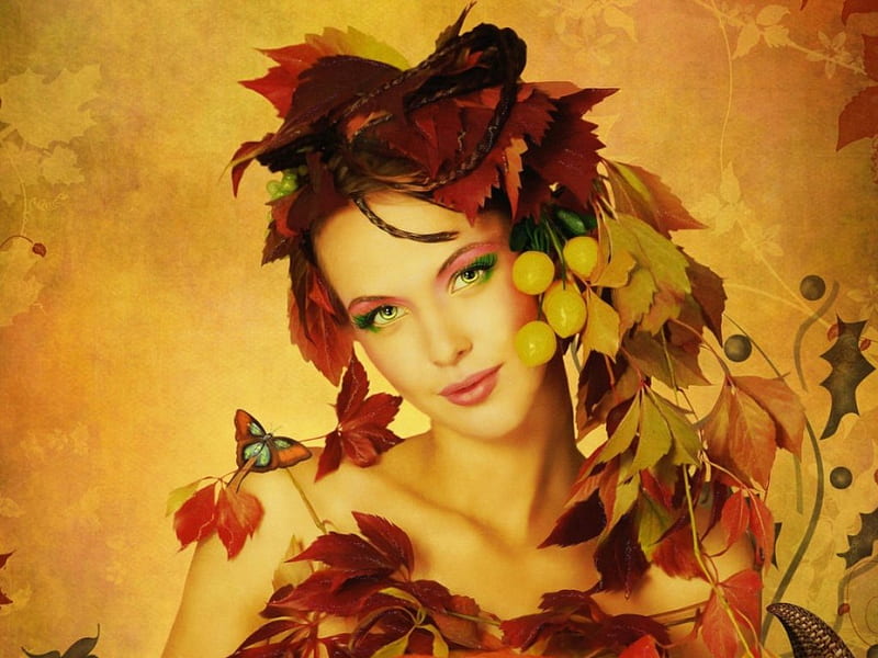 Princess of Nature, make up, fruit, autumn, girl, painting, bonito, woman, HD wallpaper