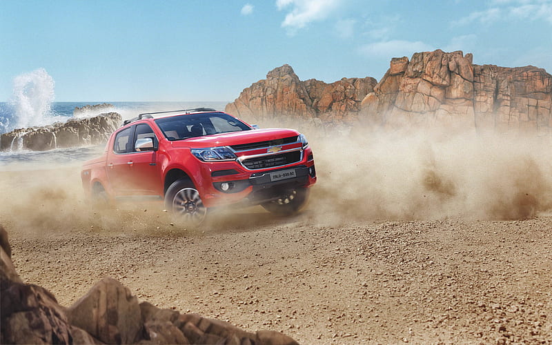 Chevrolet Colorado, 2018 red pickup truck, desert, new red Colorado, American cars, exterior, front view, Chevrolet, HD wallpaper