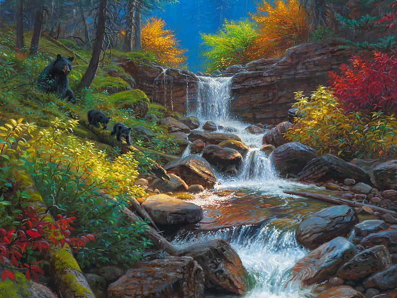 Mountain cascade - detail, rocks, stream, art, forest, fall, colorful, autumn, creek, bonito, mountain, cascades, painting, bears, animals, HD wallpaper