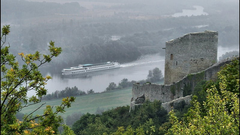 castle ruins above a river in france, hills, ferry boat, river, castle, mist, HD wallpaper