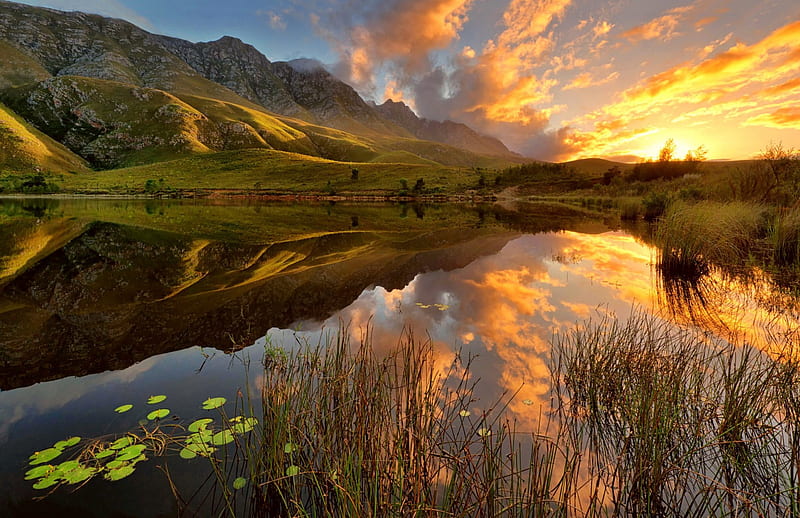 South Africa- reflection, mountain, South, Africa, sunrise, reflection, lake, HD wallpaper