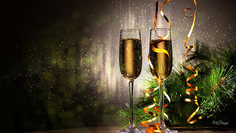Celebration for Two, Christmas, New Years, tinsel, wine, greenery, sparkles, flutes, champagne, fir, celebrate, spruce, HD wallpaper