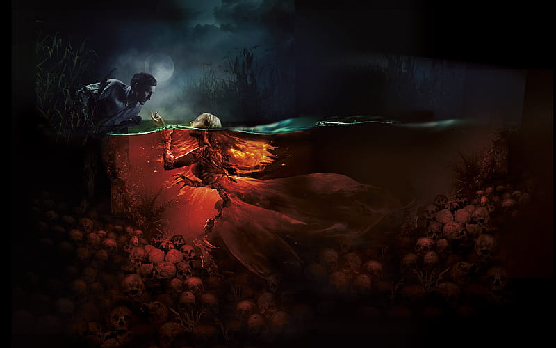 The Mermaid, horror, lake, romance, russia, skulls, HD wallpaper