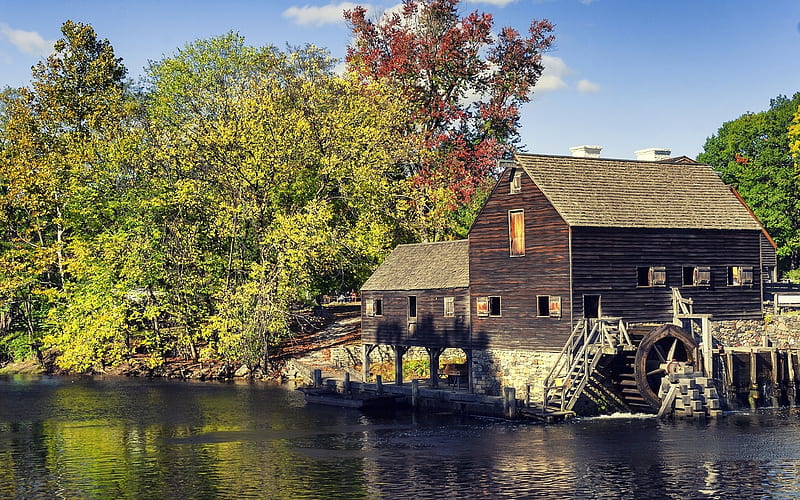 Watermill, river, trees, wooden, HD wallpaper