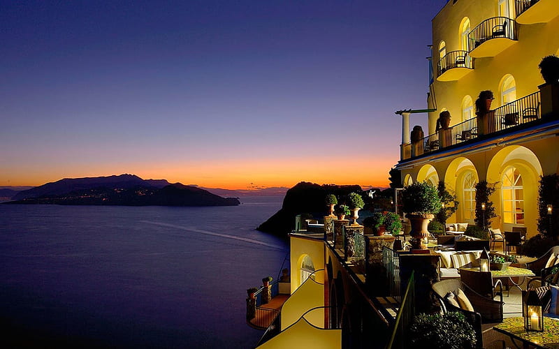 Sunset at Isle of Capri, Italy, mediterranean, hotel, sky, sea, HD wallpaper