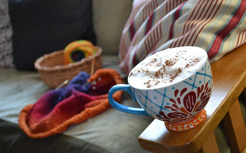 Cappuccino, ceramic cup, knitting, ceramic, drinks, needles, coffee, basket, cup, drink, cups, HD wallpaper