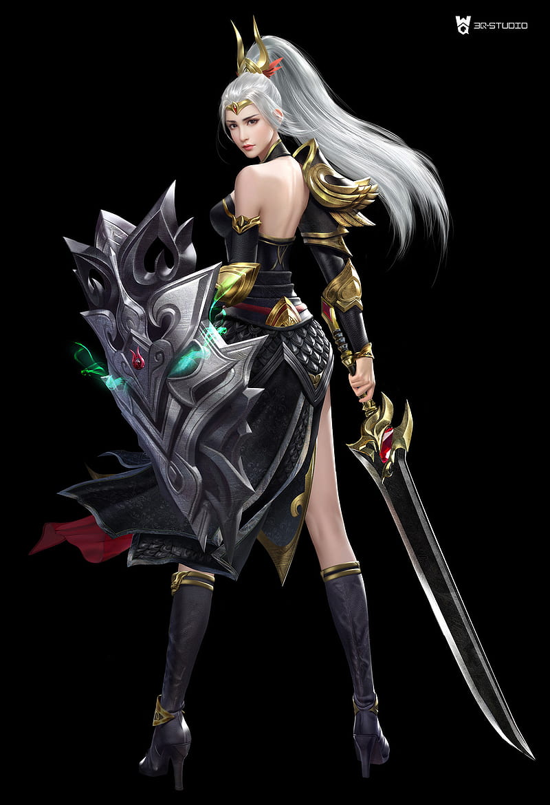 3Q Studio, drawing, women, silver hair, long hair, ponytail, hair accessories, tiaras, dress, armor, black clothing, glowing, gold, shield, weapon, sword, looking at viewer, simple background, black background, high heels, fantasy girl, HD phone wallpaper