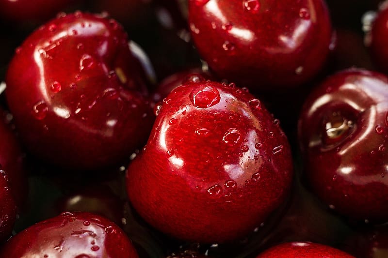 cherries, drops, wet, red, juicy, macro, HD wallpaper