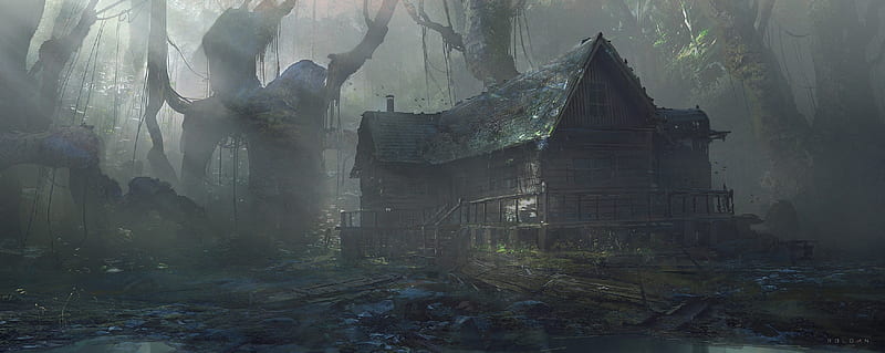 abadoned house, forest, darkness, trees, Fantasy, HD wallpaper